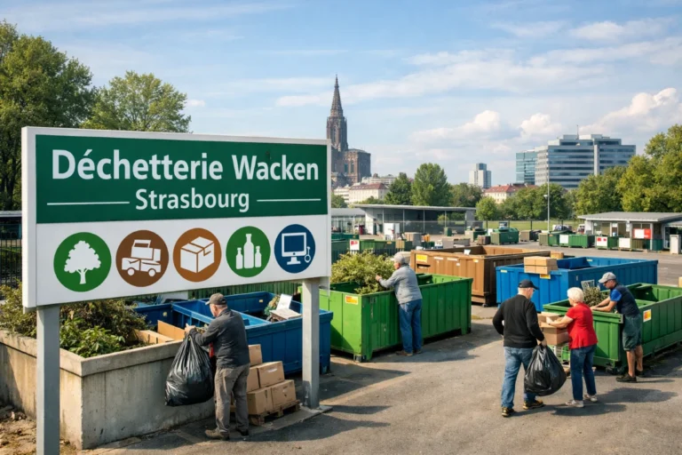 Déchetterie Wacken Strasbourg avec usagers triant déchets dans bennes sous ciel clair urbain.