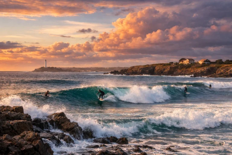 Vagues puissantes à La Sauzaie au coucher du soleil avec surfeurs sur un spot rocheux sauvage.