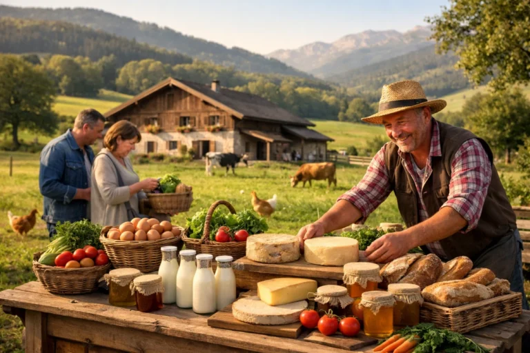 Ferme alpine avec stand de vente directe proposant fromages, œufs et produits fermiers au soleil.