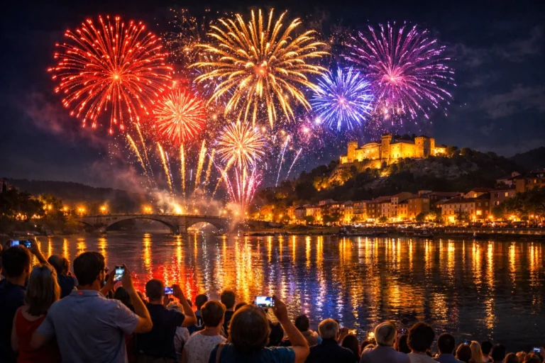 Feu d’artifice coloré au-dessus du Rhône, foule admirant le spectacle nocturne festif en été.
