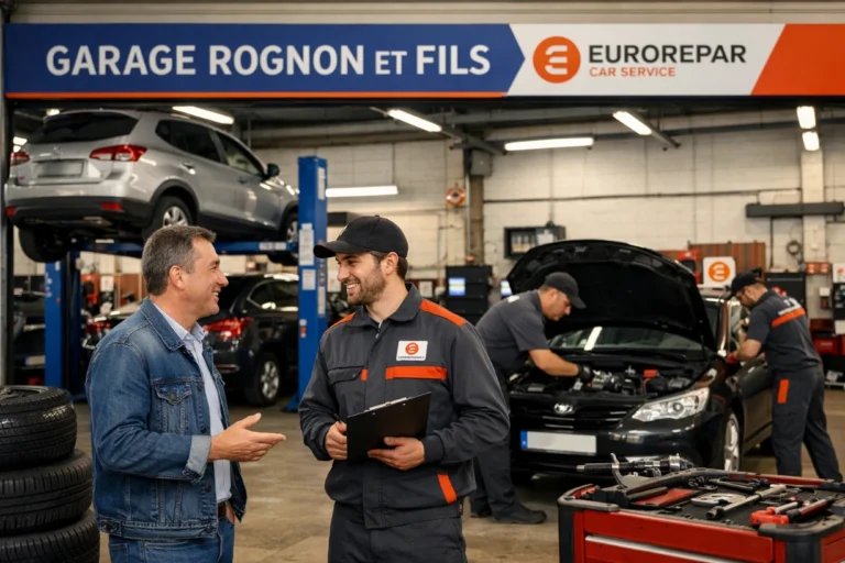 Garage automobile moderne avec mécaniciens travaillant sur voitures et client en discussion lumineux.