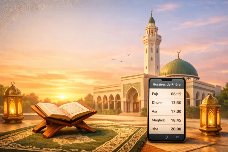 Mosquée d’Argenteuil au lever du soleil avec Coran ouvert, tapis de prière et horaires de salat sur smartphone.