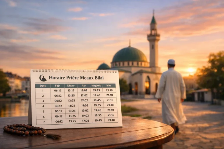 Calendrier mensuel des prières musulmanes à Meaux affiché sur un smartphone avec mosquée en arrière-plan.
