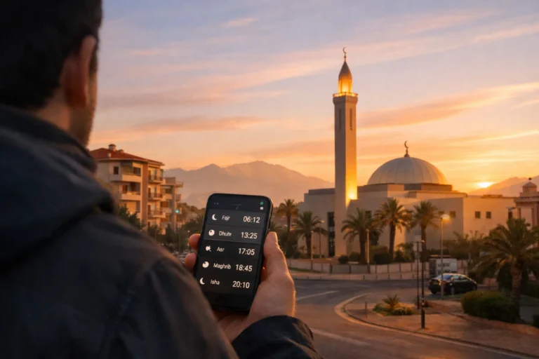 Personne consulte horaires de prière sur smartphone, mosquée et lever du soleil à Perpignan.