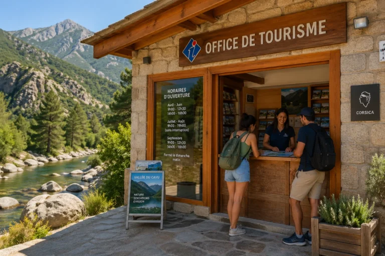 Bureau d’information touristique dans la vallée du Cavu, entouré de nature et visiteurs.