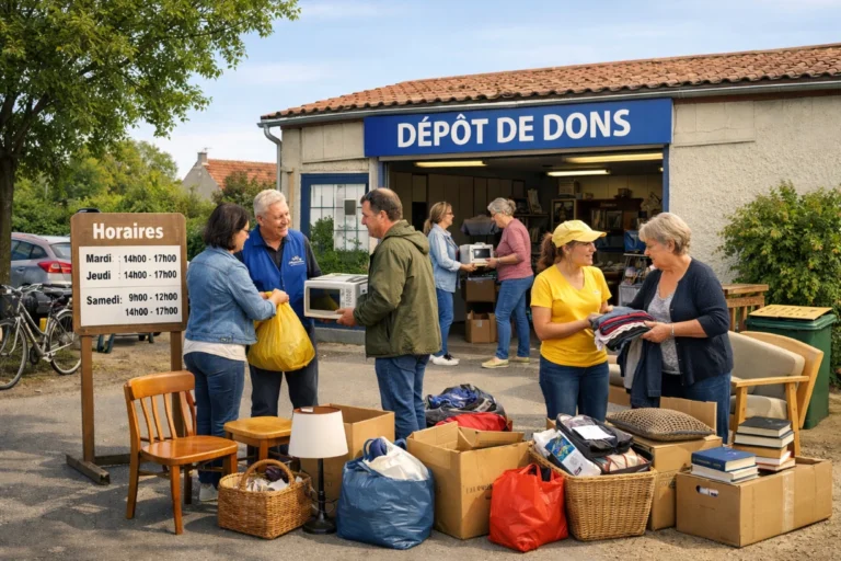Personnes déposant vêtements, livres et meubles au dépôt de dons Emmaüs dans un village français.