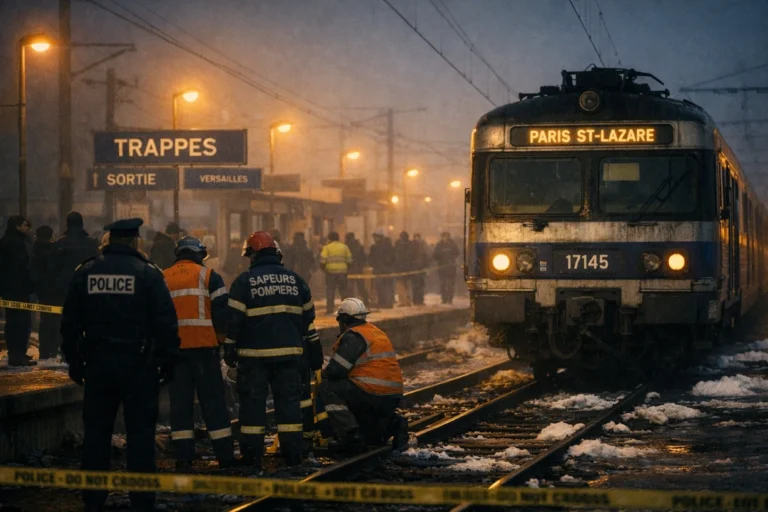 Urgence sur le quai de la gare de Trappes en janvier 1990, policiers et pompiers présents.