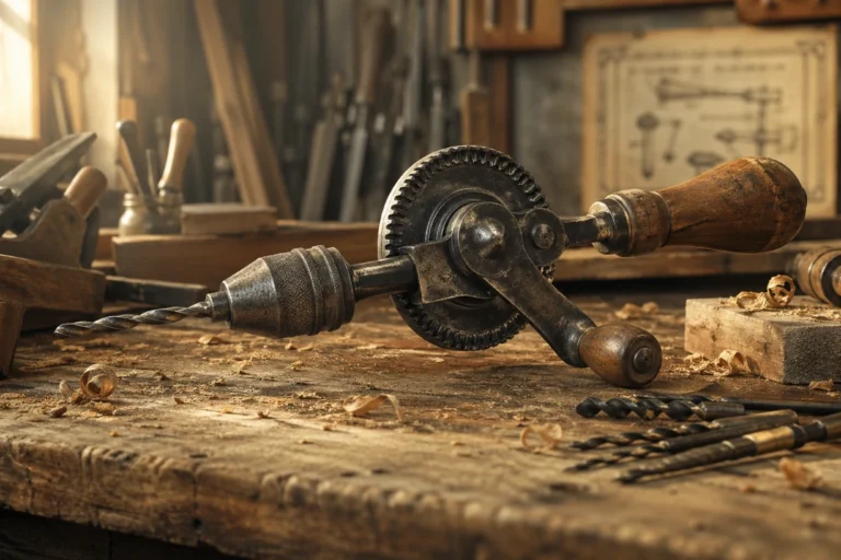 Chignole ancienne sur établi en bois, outils et copeaux, lumière douce d’atelier chaleureux.