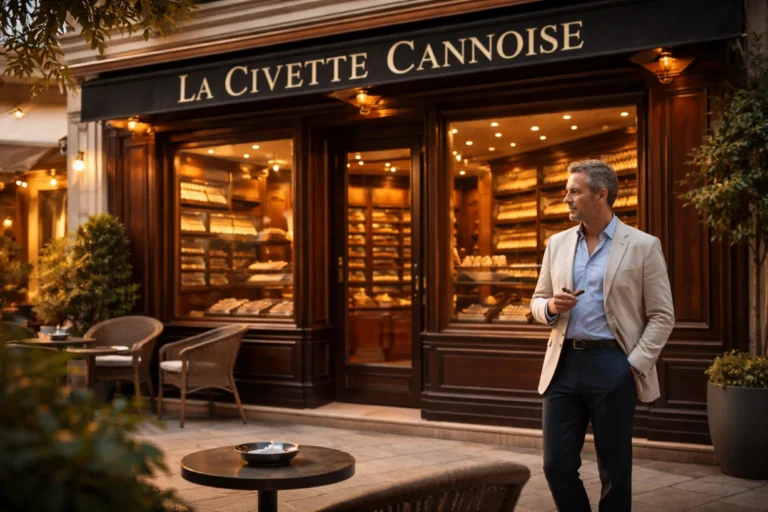 Façade élégante de La Civette Cannoise à Cannes avec vitrine de cigares haut de gamme au soleil.
