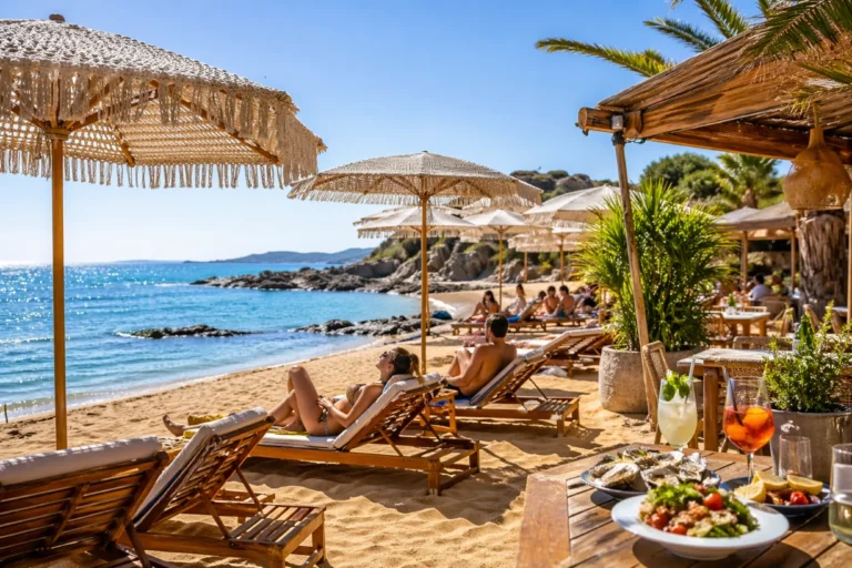 Plage de Saint-Aygulf avec transats alignés, mer turquoise et ambiance estivale détendue.