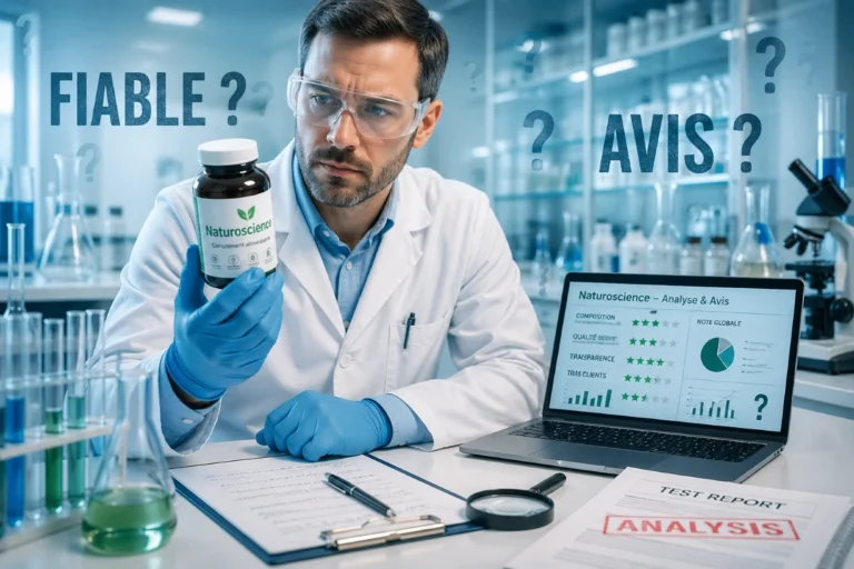 Scientifique examine un flacon en laboratoire, analyse critique et doute sur sa fiabilité.