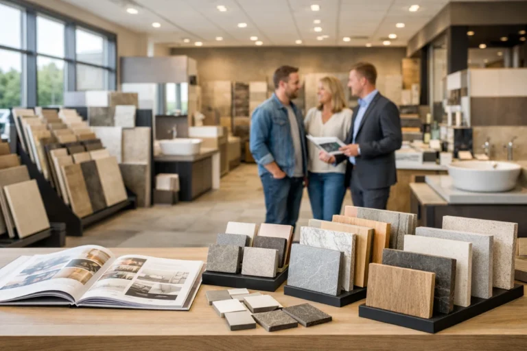 Showroom lumineux de matériaux de construction avec échantillons de carrelage, bois et pierre.