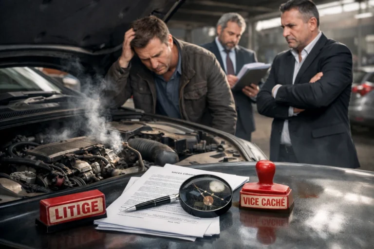 Acheteur inquiet inspecte moteur défectueux avec vendeur et expert lors d’un litige auto.