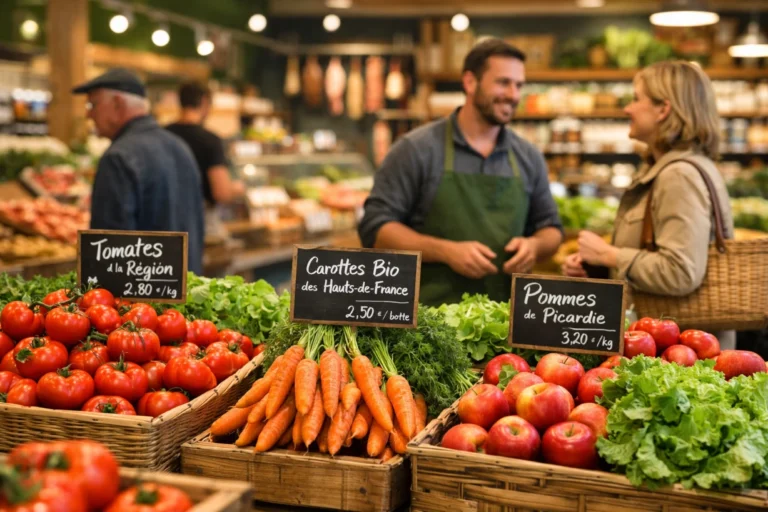 Supermarché de produits frais avec étals en bois, fruits et légumes locaux, vendeur et clients. bio.