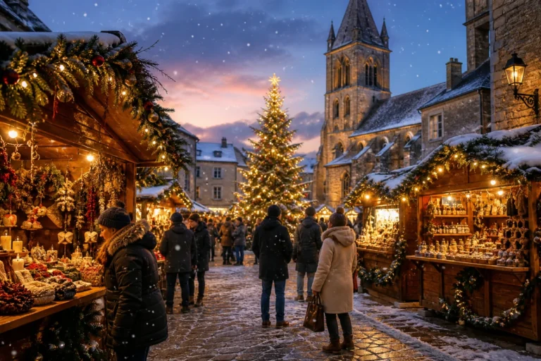 Marché de Noël chaleureux dans un village français, chalets illuminés, neige et sapin décoré doux.