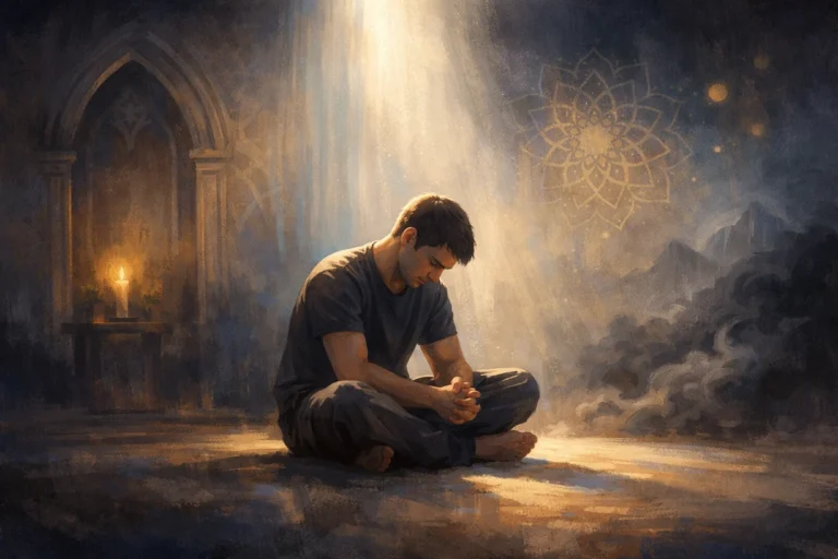 Personnage seul en méditation dans une pièce éclairée par une lumière douce et spirituelle.