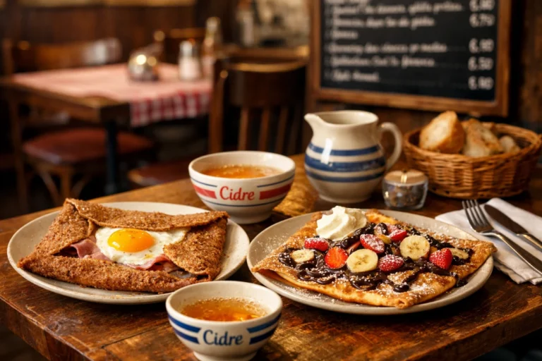 Table en bois dans une crêperie française avec galette salée, crêpe sucrée et bols de cidre.