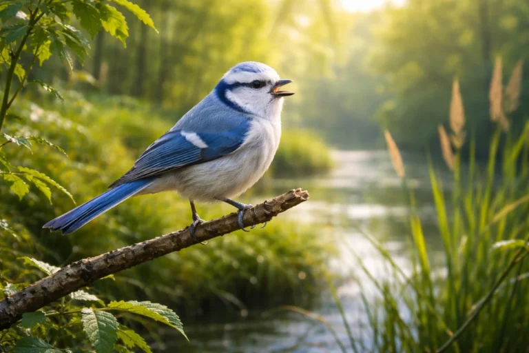 Mésange azurée perchée sur une branche, chantant dans un habitat naturel verdoyant et paisible.