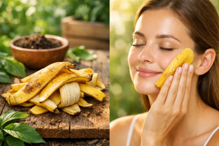 Peaux de bananes pour le jardin et une femme appliquant une peau de banane sur son visage.