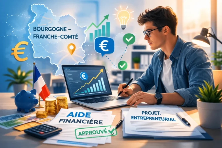 Jeune entrepreneur étudiant une aide financière BFC sur ordinateur avec documents et graphiques € croissance.