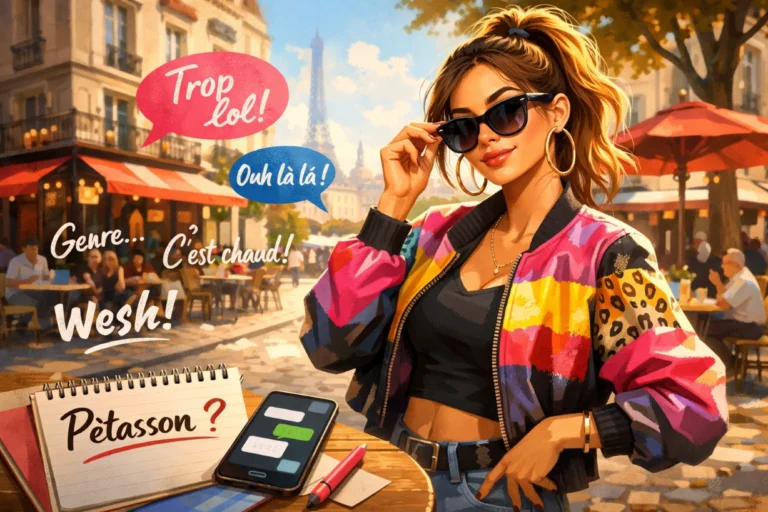 Illustration d’une femme stylée dans une rue parisienne avec bulles de slang autour du mot « Pétasson »
