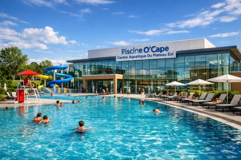 Centre aquatique moderne Piscine O'Cape avec piscines extérieures, eau turquoise et ambiance estivale.