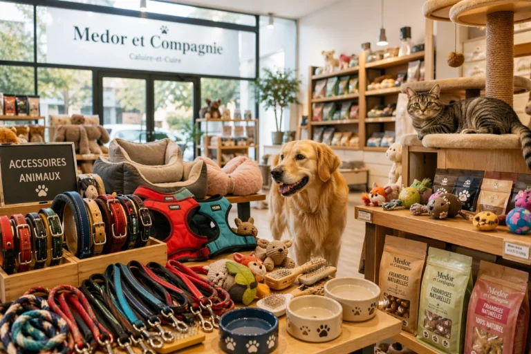 Intérieur lumineux d'une animalerie à Caluire avec chien, chat et accessoires pour animaux en vente.