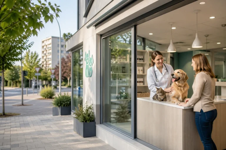 Clinique vétérinaire moderne à Vandœuvre-lès-Nancy avec vétérinaire, chien et chat accueillis chaleureusement.