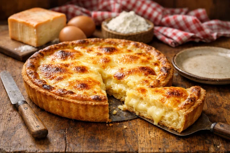 Tarte au maroilles dorée sur table rustique, part coupée, ambiance cuisine ch'ti chaleureuse maison.