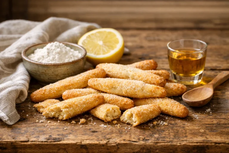Zézettes de Sète dorées sur une table en bois, accompagnées de citron, farine et muscat.