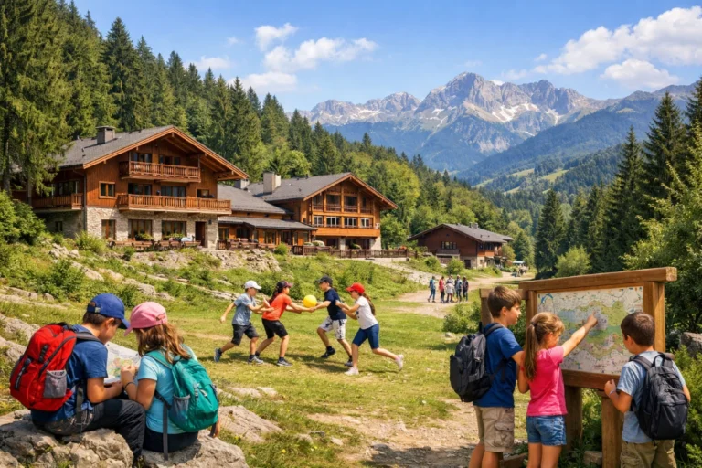 Enfants jouant et explorant devant des chalets en bois dans un centre de vacances en montagne.