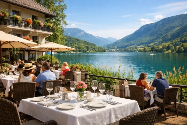 Terrasse d’hôtel au bord d’un lac alpin avec vue sur les montagnes, tables élégantes et clients.