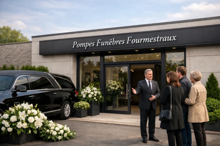 Agence de pompes funèbres avec corbillard noir et conseiller accueillant une famille devant l’entrée.