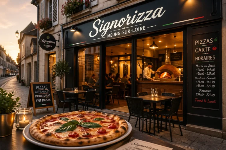 Pizzeria Signorizza à Meung-sur-Loire, terrasse chaleureuse et pizza appétissante au coucher du soleil.
