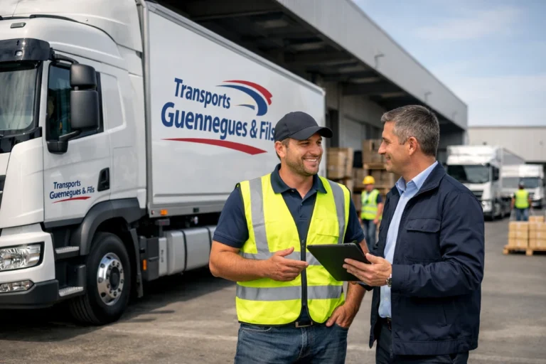 Chauffeur et responsable logistique discutent devant un camion dans un entrepôt moderne actif.