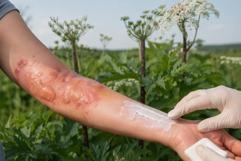 Brûlure de berce du Caucase sur avant-bras avec traitement médical en extérieur naturel.
