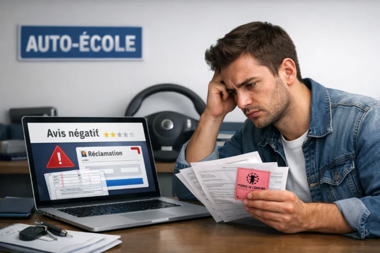 Jeune étudiant français contrarié examinant des documents de permis devant un avis négatif en ligne.