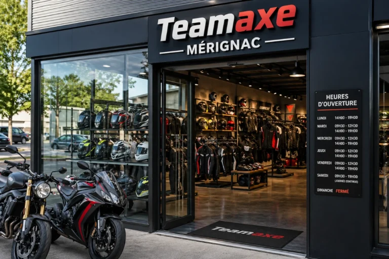 Magasin moto moderne Teamaxe Mérignac avec vitrines, équipements et motos exposés en façade.