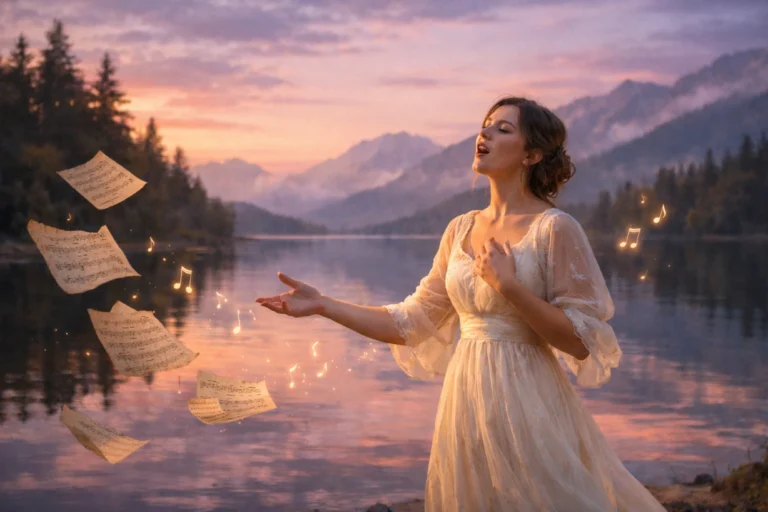 Jeune femme chantant au bord d’un lac au crépuscule, entourée de montagnes et d’une ambiance romantique.