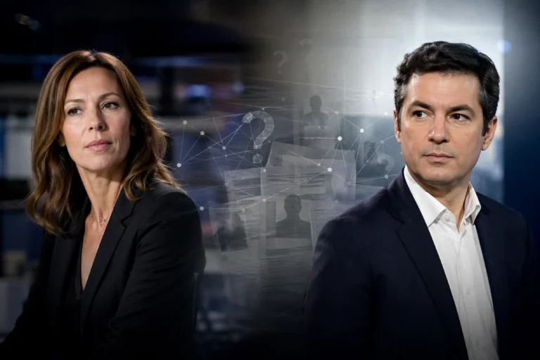 Deux journalistes dans un studio, séparés, avec des indices visuels évoquant enquête.
